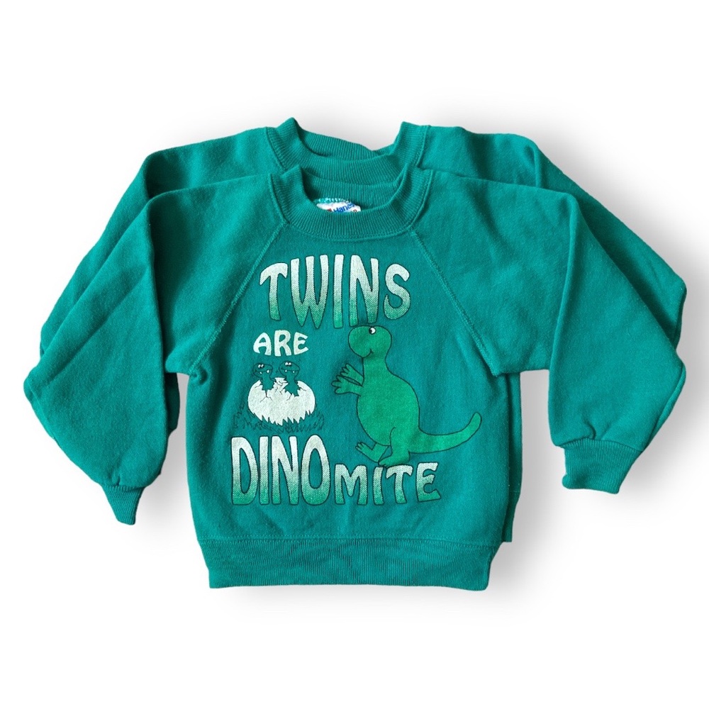 VINTAGE 90s TWINS Dino Sweatshirt Top Long Sweater Jacket Green Dinosaur Green